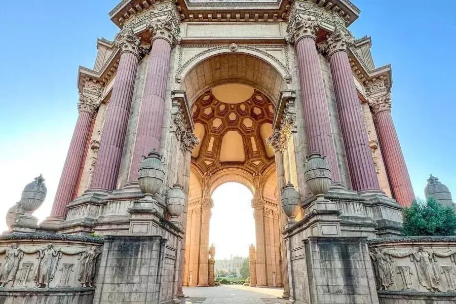 Close-up view of the Palace of Fine Arts looking up. 